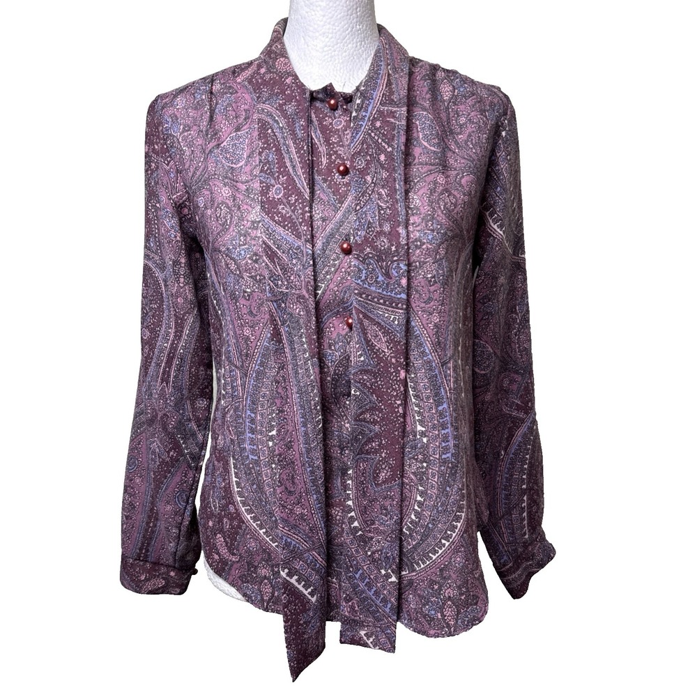 Vintage 70s Paisley Tie Neck Blouse Retro Dark Academia Secretary Top EUC